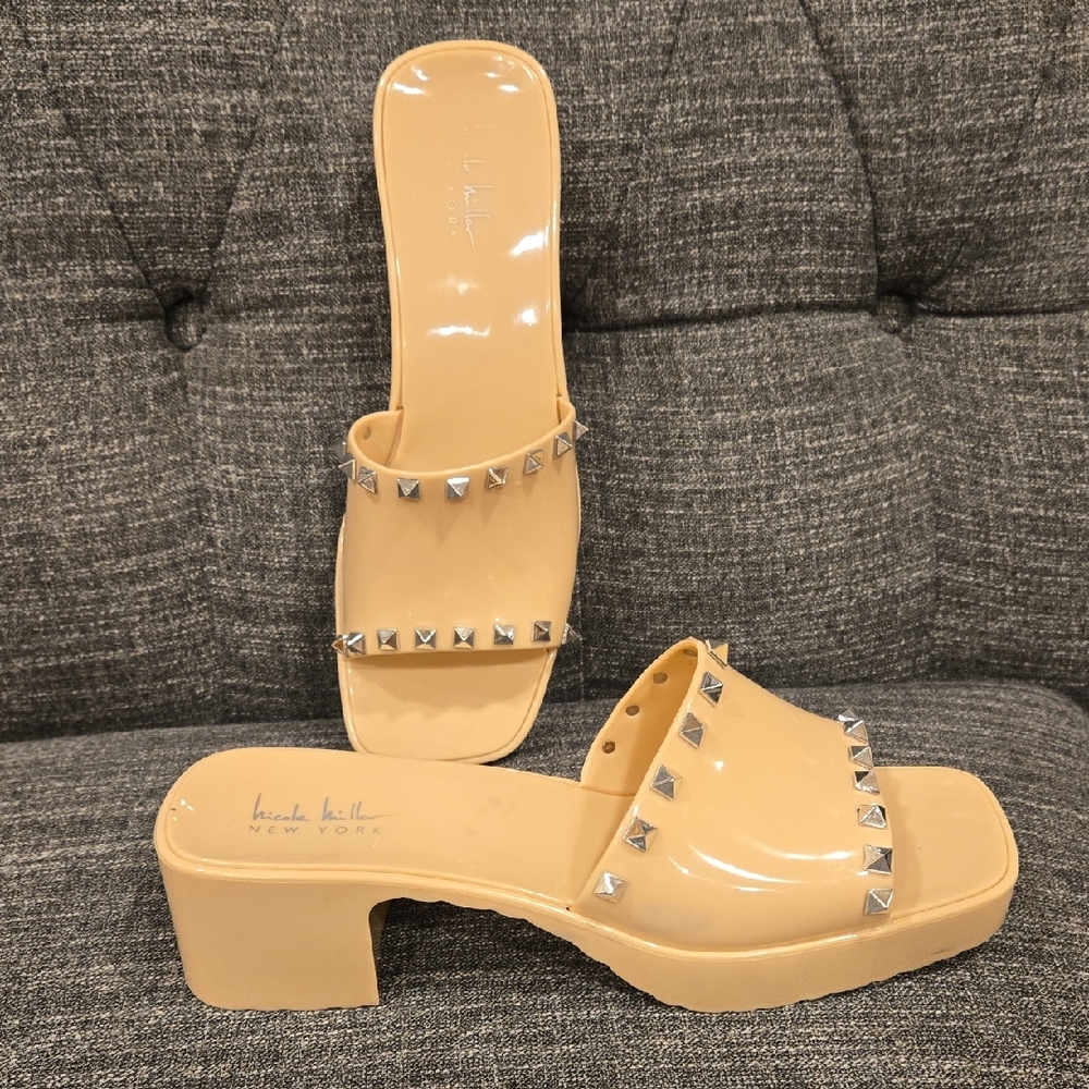 Nicole Miller New York Nude Studded Block Heel Mules